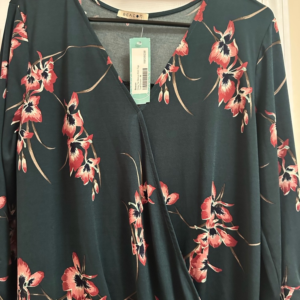 Beacon Floral V-Neck Blouse - Dark Green and Pink